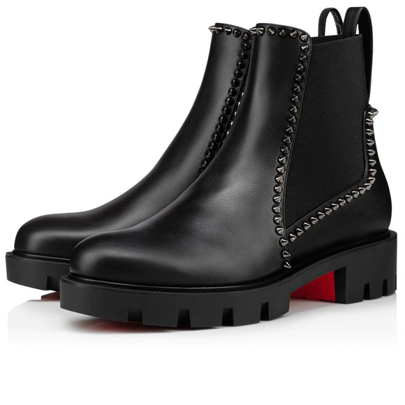 Christian Louboutin Out Lina Spike Lug Flat Black Calf Chelsea Ankle Boot 37.5 - Picture 1 of 12